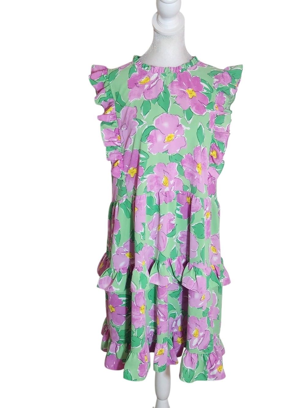 Staccato Green and Pink Floral Ruffle Mini Dress Size Medium Wedding Guest Dress